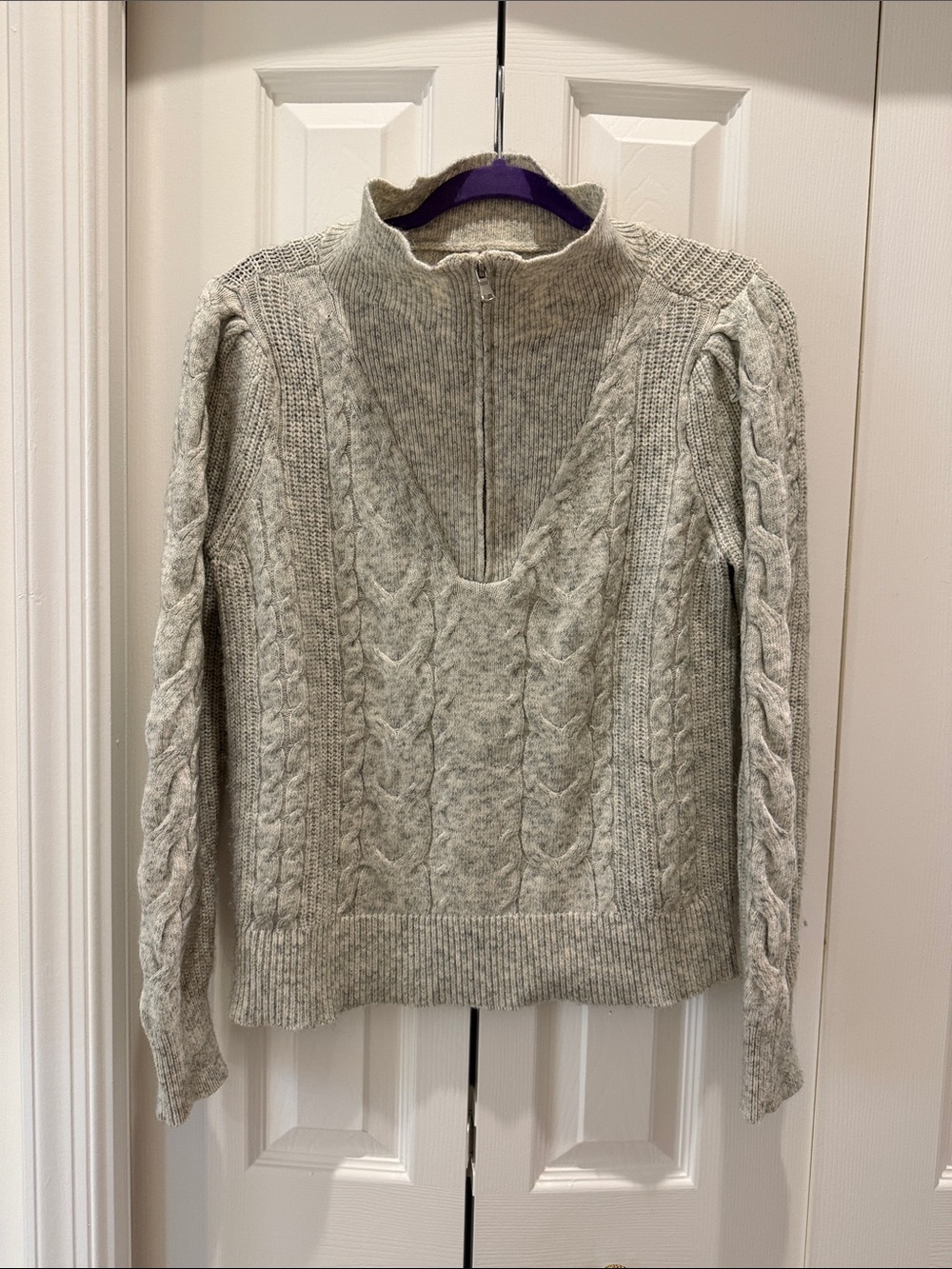 LOFT Light Gray Cable Knit Half-Zip Turtleneck Sweater
